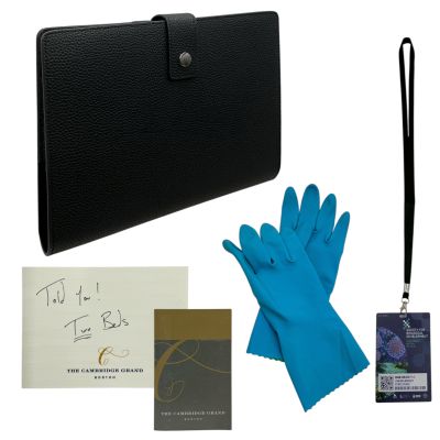 Lot 36: The Love Hypothesis Adam Carlsen (Tom Bateman) Screen Used Notebook, Conference Pass, Note, Hotel Room Key & Gloves | VIP Fan Auctions