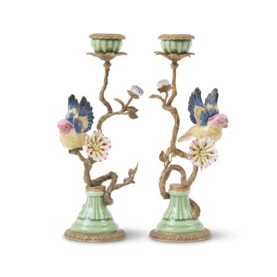 Lot 170 - A pair of 20th century brass and porcelain candlesticks Season 2, Episode 2, ’Not in Scotland Anymore’, for Louise de Rohan’s apartment set (2) | Bonhams