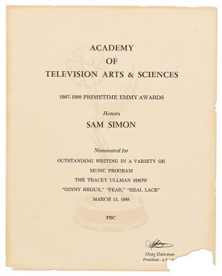Emmy Nomination for ’’The Tracey Ullman Show’’ Given to Sam Simon in 1988 -- From the Sam Simon Estate | Nate Sanders