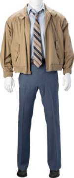 Ed O‘Neill "Al Bundy" Signature Tan Windbreaker, Oxford Dress Shirt and Striped Necktie, Dress Trousers, and Leather Walking ...