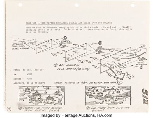 Apocalypse Now (Zoetrope Studios, 1979), "Ride of the Valkyries" Helicopter Attack Production Storyboard Pages with Shooting Schedule and Production Notes.