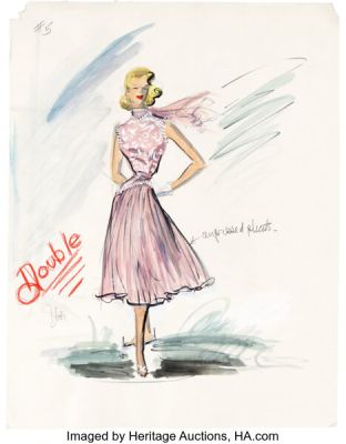 To Catch a Thief (Paramount, 1955), Grace Kelly "Frances Stevens" Pink Dress Costume Sketch by Edith Head Initialed by Alfred Hitchcock. | Heritage