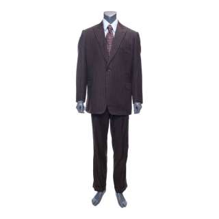 WOLF OF WALL STREET, THE (2013) - Lot #194: Jordan Belfort‘s (DiCaprio) Brown and Orange Pinstripe Suit Mug Shot Costume with Screen-Matched Jacket
