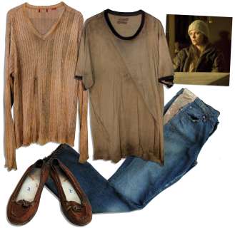 Charlize Theron Screen-Worn Tattered Wardrobe From Post-Apocalyptic Drama ’’The Road’’ -- Sweater, Shirt, Jeans & Shoes | Nate Sanders