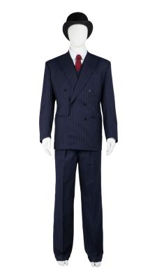 Jerry Weintraub | Lot #119 - “The Avengers” John Steed (Ralph Fiennes) Pinstripe Suit Ensemble with Umbrella and Signed Hat | Julien’s