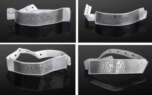 "Katniss," "Peeta," "Johanna," and "Finnick" hero hospital bracelets worn in : Mockingjay - Part 1 . | Profiles in History