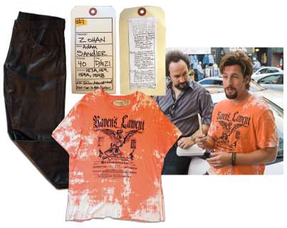 Adam Sandler Worn ‘‘Zohan‘‘ Wardrobe -- Striking Orange T-Shirt & Black Leather Pants