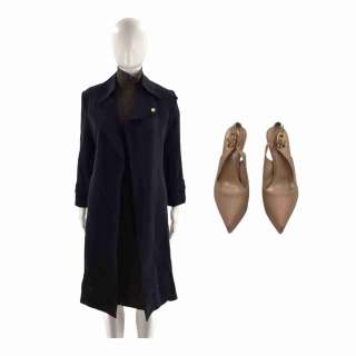 Red One Zoe Harlow Screen Worn Midi Dress, Heels & Trench Coat Ch 2 Sc 107pt1-109 | VIP Fan Auctions