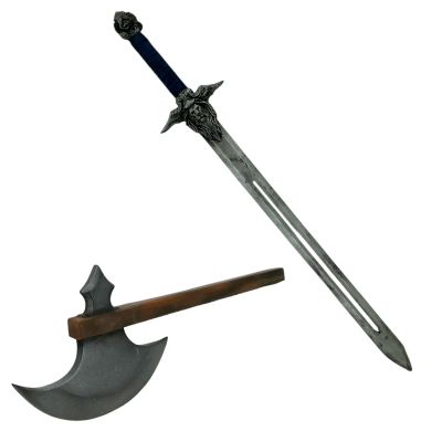Lot 20: Mythic Quest Everlight Screen Used Foam Rubber Prop Axe & Foam/Plastic Prop Sword | VIP Fan Auctions