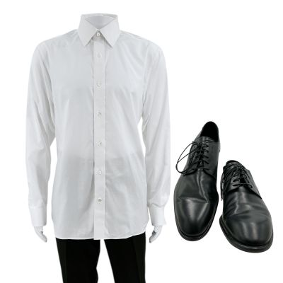 Lot 20: Eternity Luke (Callum Turner) Screen Worn Shirt, Pants & Dress Shoes Ch 1 Sc 17 | VIP Fan Auctions