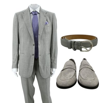 Lot #76: Relationship Goals Dan Milken Screen Worn Casual Suit, Button-Up Shirt, Tie, Handkerchief , Belt & Shoes Ch 9 Sc 112