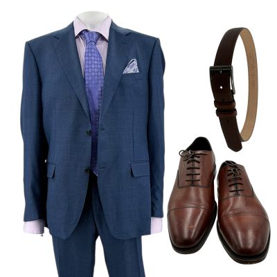 Lot 121: Relationship Goals Papa Jim Screen Worn Business Suit, Button-Up Shirt, Belt, Tie, Pocket Square & Shoes Ch 4 Sc 112 | VIP Fan Auctions
