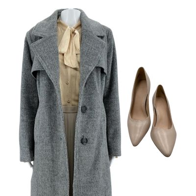 Lot 188: The Handmaid’s Tale Rita Blue Screen Worn Coat, Button-Up Shirt, Skirt & Heels Ch 2 Ep 402 | VIP Fan Auctions