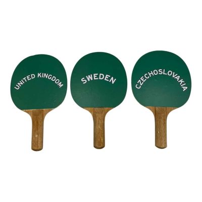 Lot 11: Marty Supreme Wembley Competitors Screen Used Czechoslovakia Paddle, Sweden Paddle & United Kingdom Paddle | VIP Fan Auctions