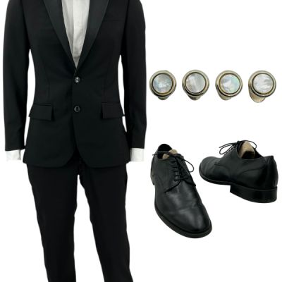 Lot #58: Poker Face Season 2 Luca (Simon Helberg) Screen Worn Tuxedo, Button-Up Shirt, (4) Studs (2) Cufflinks, Bow Tie & Shoes Ch 1, 2 Sc 10-53 Ep 211