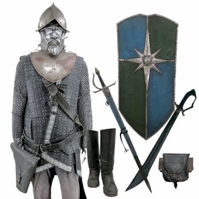 Lot #26: The Chronicles of Narnia: Prince Caspian (2008) Screen Worn Armor W/ Bag, Brigandine, Chainmail, Shirt, Trousers, Gorget, Face Mask, Helmet, Greaves, Crossbelt, Sword W/ Sheath, Sword, Shield, Boots & Pouch