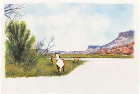 Westworld (HBO®Original 2016-2022), Evan Rachel Wood "Dolores Abernathy" Watercolor of Horses by the River in Different Stages from Season 1, Episode 1: "The Original".