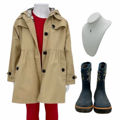 Lot 111: Onslaught Daisy Screen Worn Trench Coat, Shirts, Tights, Necklace & Rain Boots Ch 1b Sc 32 | VIP Fan Auctions