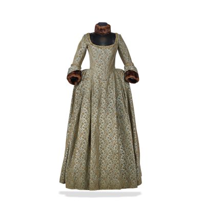 Lot 22 - Brocade dress with fur choker, worn by Claire Season 1, Episode 10, ’By the Pricking of My Thumbs’ 4 | Bonhams