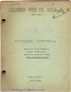 Three Stooges Vintage Script. This is a final draft, dated January 15, 1946, for a Three Stooges comedy short titled "In Hoc... | Heritage