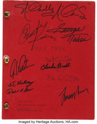 Star Trek: The Original Series (Paramount TV, 1966-1969), Revised Final Draft Screenplay from Episode "The Trouble with Tribbles" Signed by Key Cast Including William Shatner, Leonard Nimoy, George Takei, Nichelle Nichols, Walter Koenig, and Screenwriter David Gerrold.