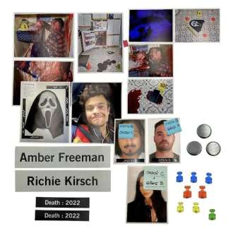 Scream VI Police Station Screen Used Amber Freeman Photo, Richie Kirsch Photo, (11) Magnetic Board Pins, (2) Year Death Tags, (2) Name Tags, (10) Evidence Photos & (3) Sticky Notes | VIP Fan Auctions