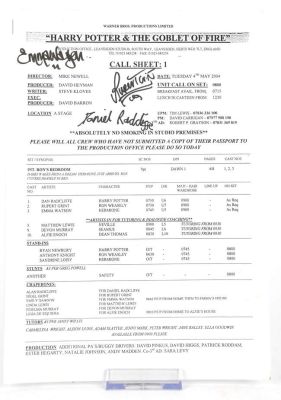 Harry Potter and the Goblet of Fire (2005) Production Call Sheet No. 1, Signed by Daniel Radcliffe,… | Ewbank’s