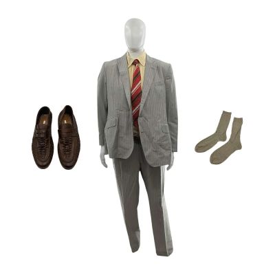 Lot 58: The Sheep Detectives Ham Gilyard Screen Worn Suit Jacket, Suit Trousers, Socks, Belt, Tie, Loafers & Shirt Ch 2 Sc 11 | VIP Fan Auctions