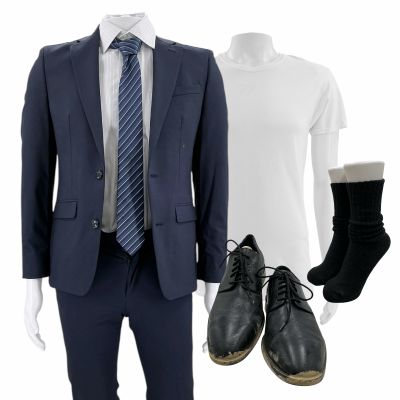Lot #82: Poker Face Season 2 Luca Clark (Simon Helberg) Screen Worn Casual Suit, Button-Up Shirt, T-Shirt, Tie, Socks & Dress Shoes Ch 1 Sc Multiple Ep 212