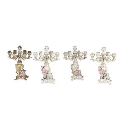 Lot 172 - A set of four Meissen polychrome and gilt decorated porcelain seven-light candelabra Acquired for Season 2, for the Louise de Rohan apartment set (4) | Bonhams