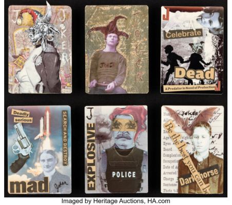 The Dark Knight (Warner Bros., 2008), Original Set of (6) Heath Ledger "Joker" Playing Card Artworks Hand-Made by Production Designer Nathan Crowley with (2) Complete Joker Decks. | Heritage