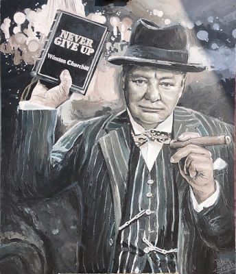 Peter Engels - "Winston Churchill with book" Original Painting - Unique, Signed, with Certificate of Authenticity | Catawiki
