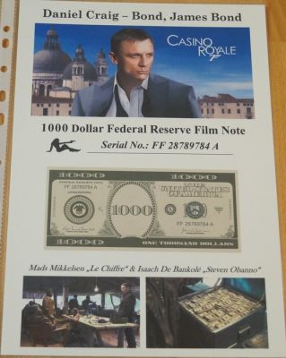 James Bond 007: Casino Royale - Movie Prop - Original 1000 Dollar Federal Reserve Note with COA | Catawiki