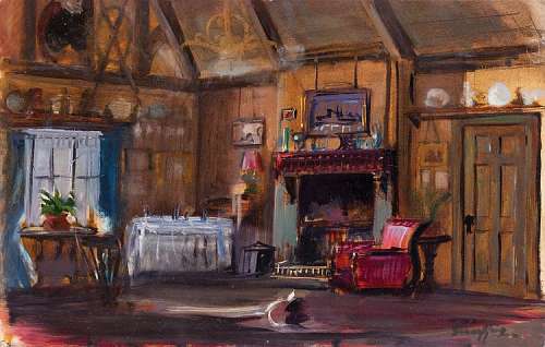 Mary Poppins original "Uncle Albert" parlor scene study painting by Jim Schaeffing. | Profiles in History