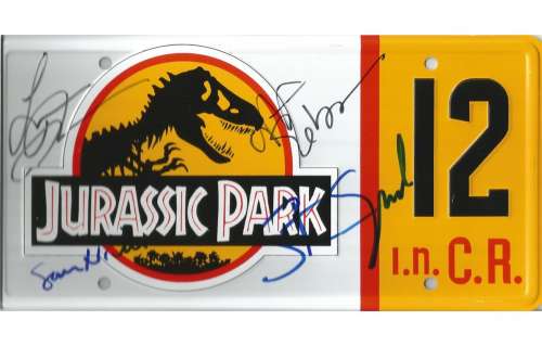 Jurassic Park metal prop license tag signed by Jeff Goldblum, Laura Dern, Sam Neill and director Ste | Piece of the Past