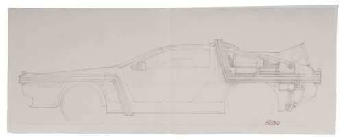 BACK TO THE FUTURE (1985) - Lot #39 : Hand-Drawn Ron Cobb DeLorean Time Machine Profile View Concept Sketch