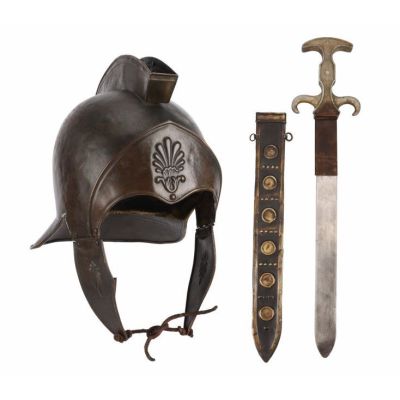 JASON AND THE ARGONAUTS (1963) - Lot #244 : Argonaut Helmet, Retractable Sword and Sheath