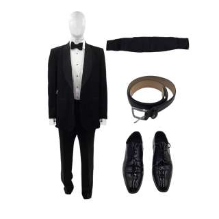 Saltburn Sir James Catton (Richard E Grant) Screen Worn Belt, Oxford, Suit Jacket, Suit Trousers, Dress Shirt, Cummerbund, Bow Tie, Cufflink Set & Press Stud Set Ch 2,8 Sc 73-97 | VIP Fan Auctions