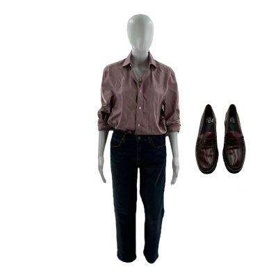 Lot 27: All of You Laura (Imogen Poots) Screen Worn Loafers, Jeans, Button-Up Shirt & Necklace Ch 5 Sc 17-19 | VIP Fan Auctions