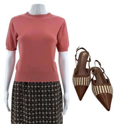 Lot 70: Eternity Joan (Elizabeth Olsen) Screen Worn Short Sleeve Sweater, Skirt & Heels Ch 12 Sc 51e | VIP Fan Auctions