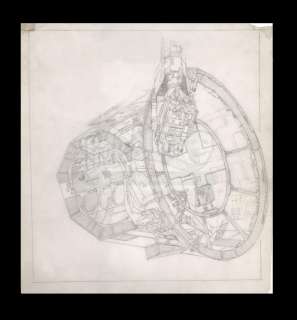 Harry Lange Auction - Lot 59 - Hand-Drawn Interior and Exterior View of Millenium Falcon Laser Cannon with Crew Operator
