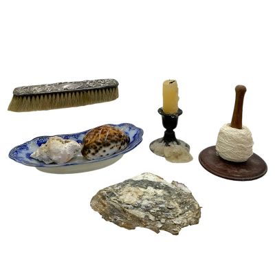 Lot 50: The Bluff Elizabeth Screen Used Brush, Tray, Clam Shell, Cowrie Shell, Conch Shell, Candle , Candle Base & Base W/ Tread | VIP Fan Auctions