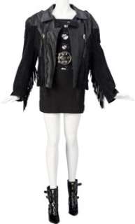 Christina Applegate "Kelly Bundy" Black Leather Motorcycle Jacket with Fringe, Suede Purse, Cotton Top with Skull and Roses, ...