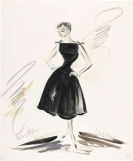 Sabrina (Paramount, 1954), Audrey Hepburn "Sabrina Fairchild" Costume Sketch for the Black Cocktail Dress with Shoulder Bows by Edith Head.