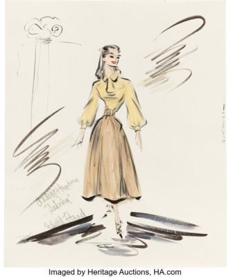 Sabrina (Paramount, 1954), Audrey Hepburn "Sabrina Fairchild" Costume Sketch for the Paris Cooking School Ensemble by Edith Head. | Heritage
