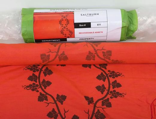Lot 99 - Shepherd’s Pie UK Ltd Saltburn Movie Film Prop Pale Dining Room Red/Pink Drape Fabric used in the fi | Other auctions