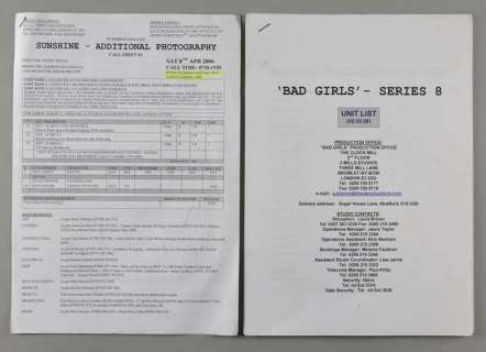 Movie Memorabilia - Call Sheet for Sunshine, Bad Girls Series 8 Unit List, three Cast & Crew… | Ewbank’s