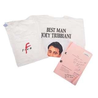 FRIENDS (TV SERIES, 1994-2004) - Lot #125 : Autographed and Annotated "The One With Ross‘s Wedding" Scripts, "Ross Geller Bachelor Bash 1998" T-Shirt and Crew T-Shirt