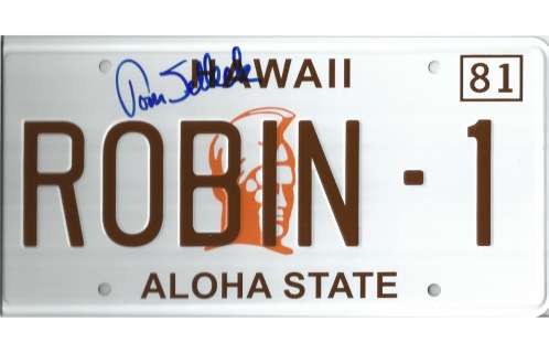 Magnum P.I. prop metal license tag like the one on the red Ferrari signed by actor Tom Selleck | Piece of the Past
