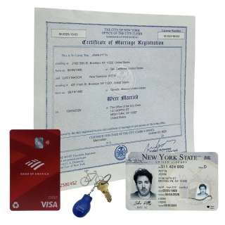 Materialists John (Chris Evans) Production Used Driver License, Bank Card, Marriage Certificate & Keychain W/ Keys | VIP Fan Auctions